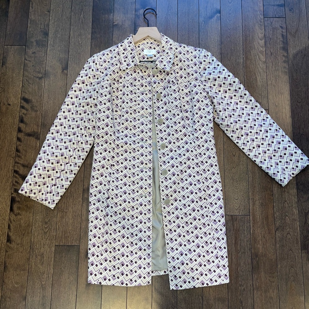 LOFT Women's Trench Coat in White and Purple Geometric Pattern